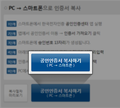 9.  팝업창의 공인인증서 복사하기버튼을 클릭합니다.