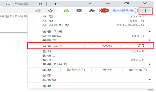 크롬 브라우저 크기조절 설정창 캡처이미지