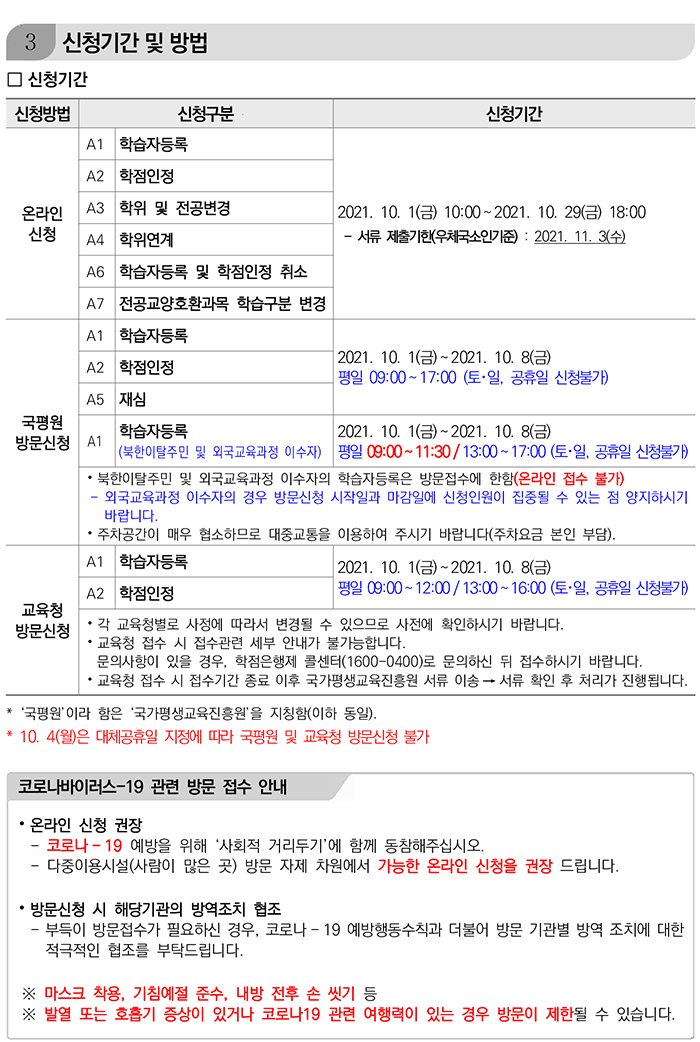 학점인정신청 안내 캡처 이미지:내용은 첨부파일과 같음