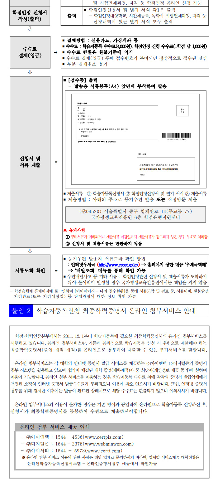 학점인정신청 안내 캡처 이미지:내용은 첨부파일과 같음