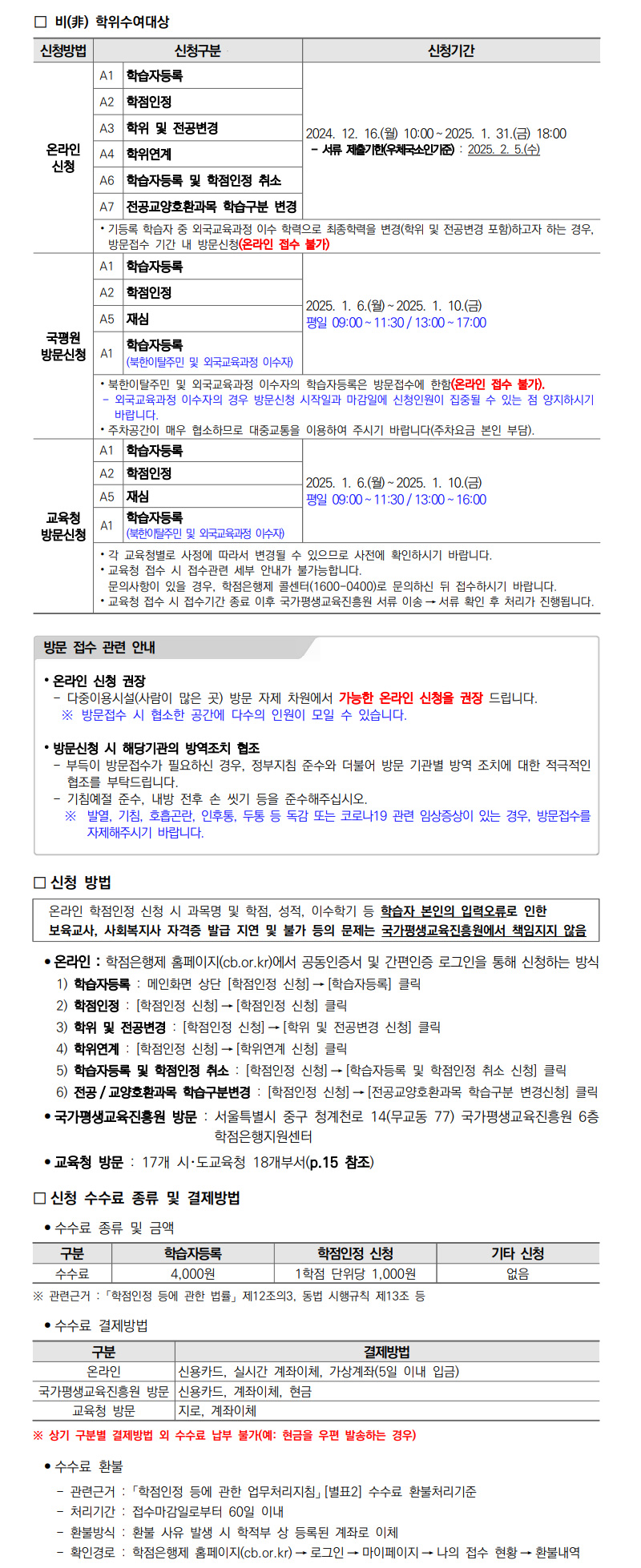 학점인정신청 안내 캡처 이미지:내용은 첨부파일과 같음