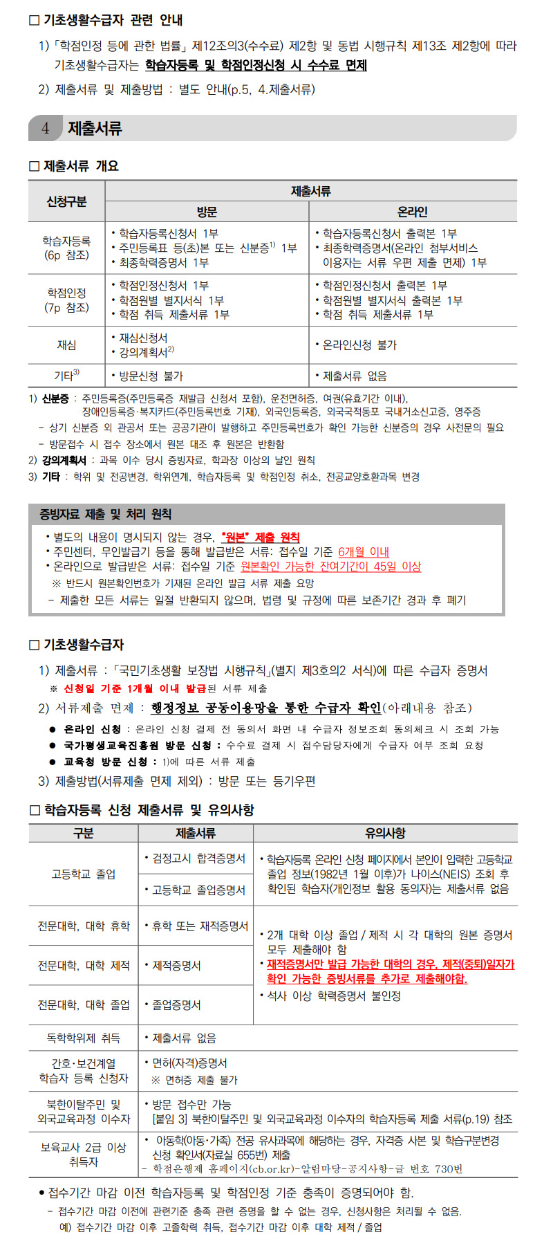 학점인정신청 안내 캡처 이미지:내용은 첨부파일과 같음