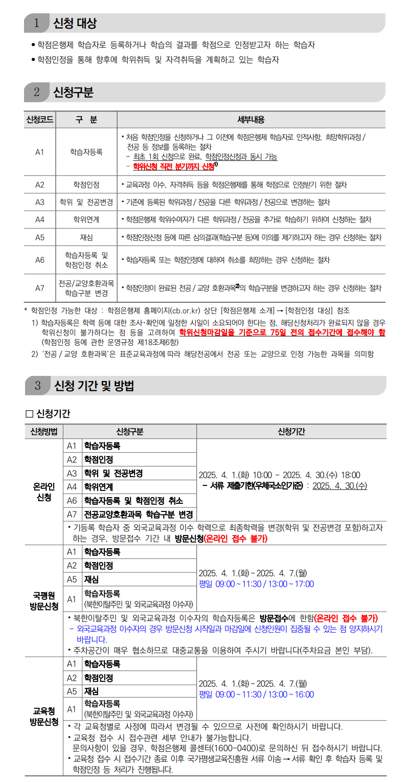 학점인정신청 안내 캡처 이미지:내용은 첨부파일과 같음