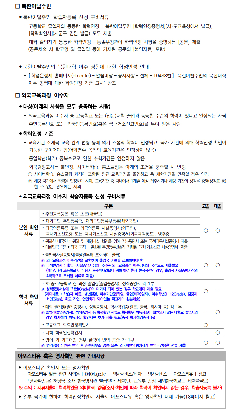 학점인정신청 안내 캡처 이미지:내용은 첨부파일과 같음