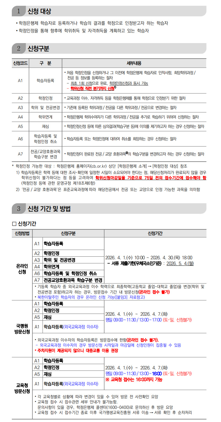 학점인정신청 안내 캡처 이미지:내용은 첨부파일과 같음