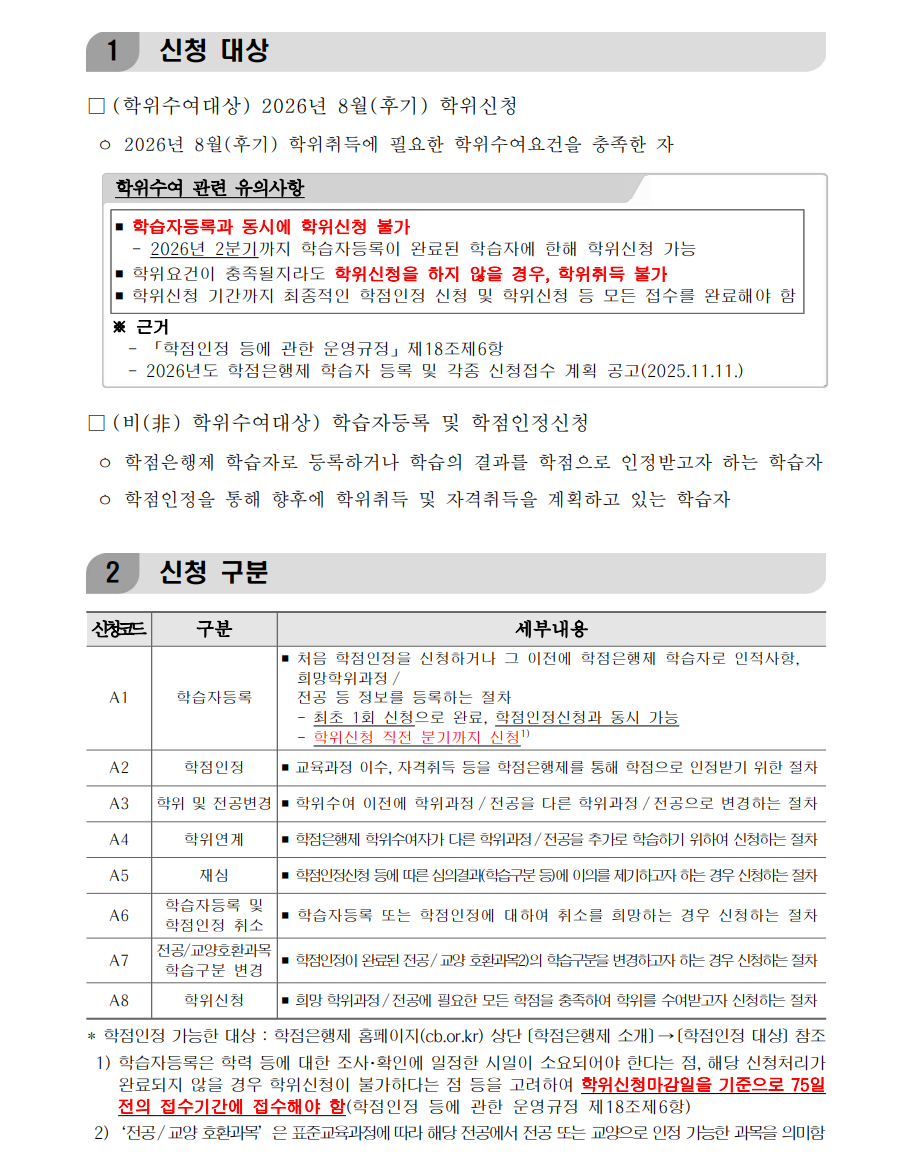 학점인정신청 안내 캡처 이미지:내용은 첨부파일과 같음