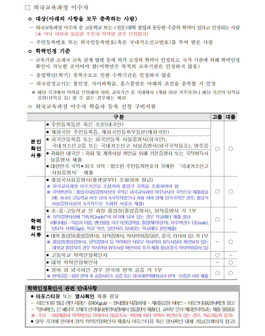 학점인정신청 안내 캡처 이미지:내용은 첨부파일과 같음