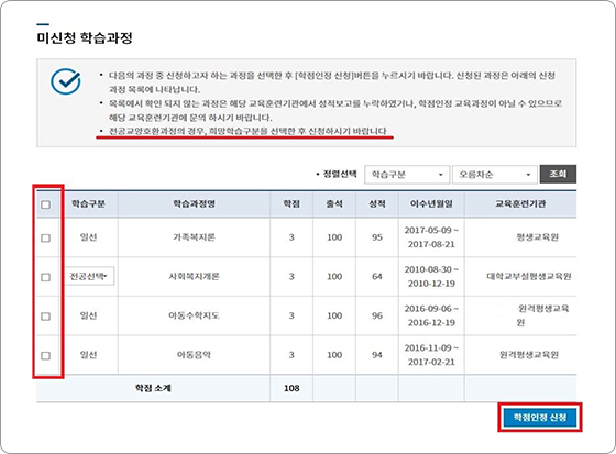 학점은행제 홈페이지 미신청 학습과정 화면