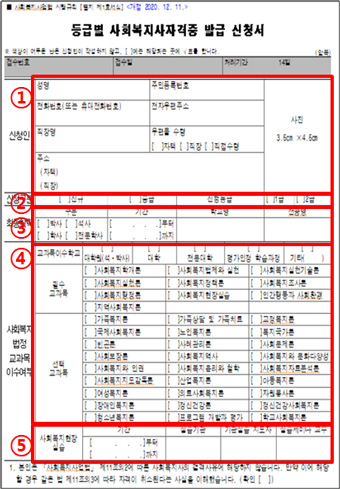 등급별 사회복지사자격증 발급신청서 양식 화면