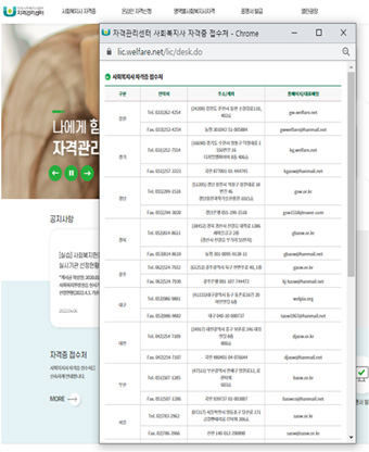 사회복지사자격관리센터 홈페이지 접수처(지방협회) 화면